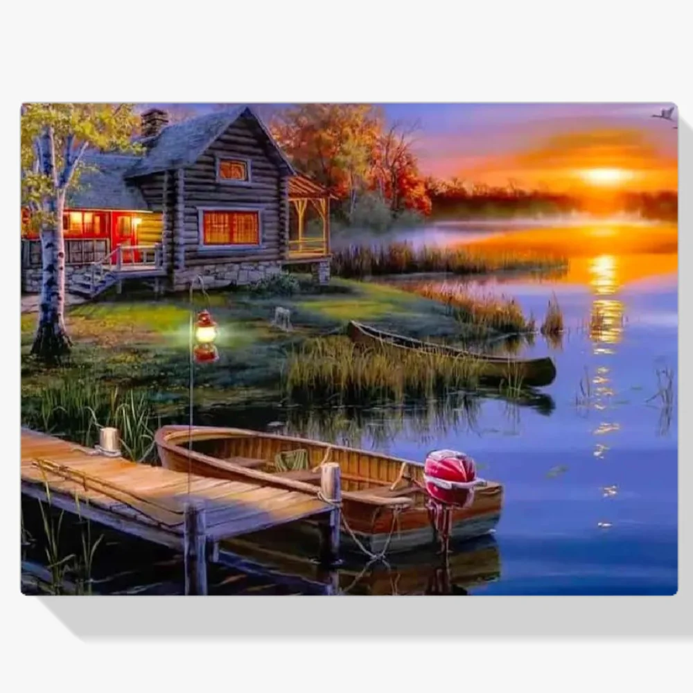 5D Pintura Diamante - Barco en la Casa del Lago