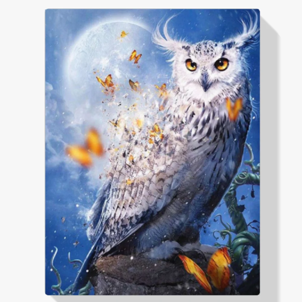 5D Pintura Diamante - El búho se encuentra con las mariposas y la luna