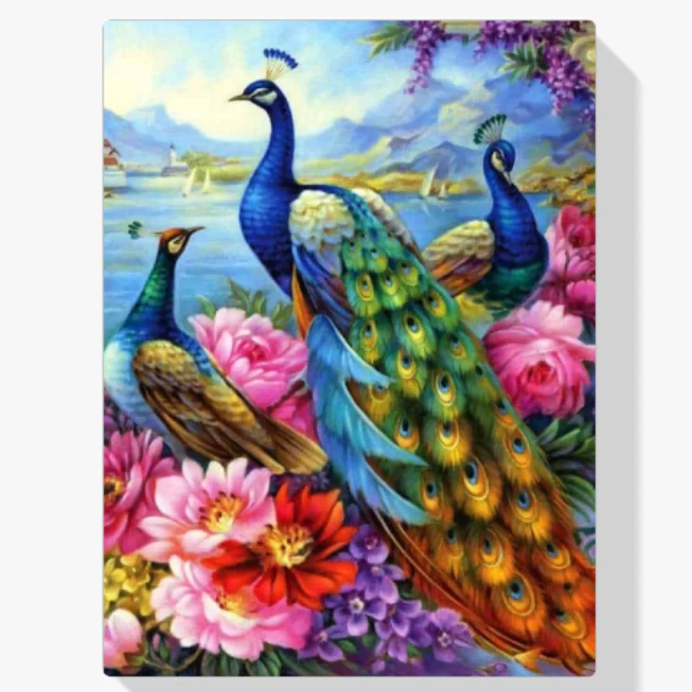 5D Pintura Diamante - Los pavos reales se encuentran con las flores