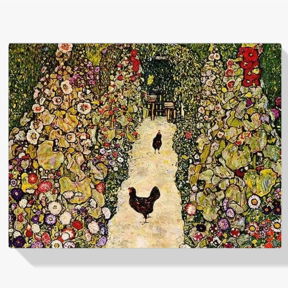 Pintura Diamante - Camino ajardinado con gallinas