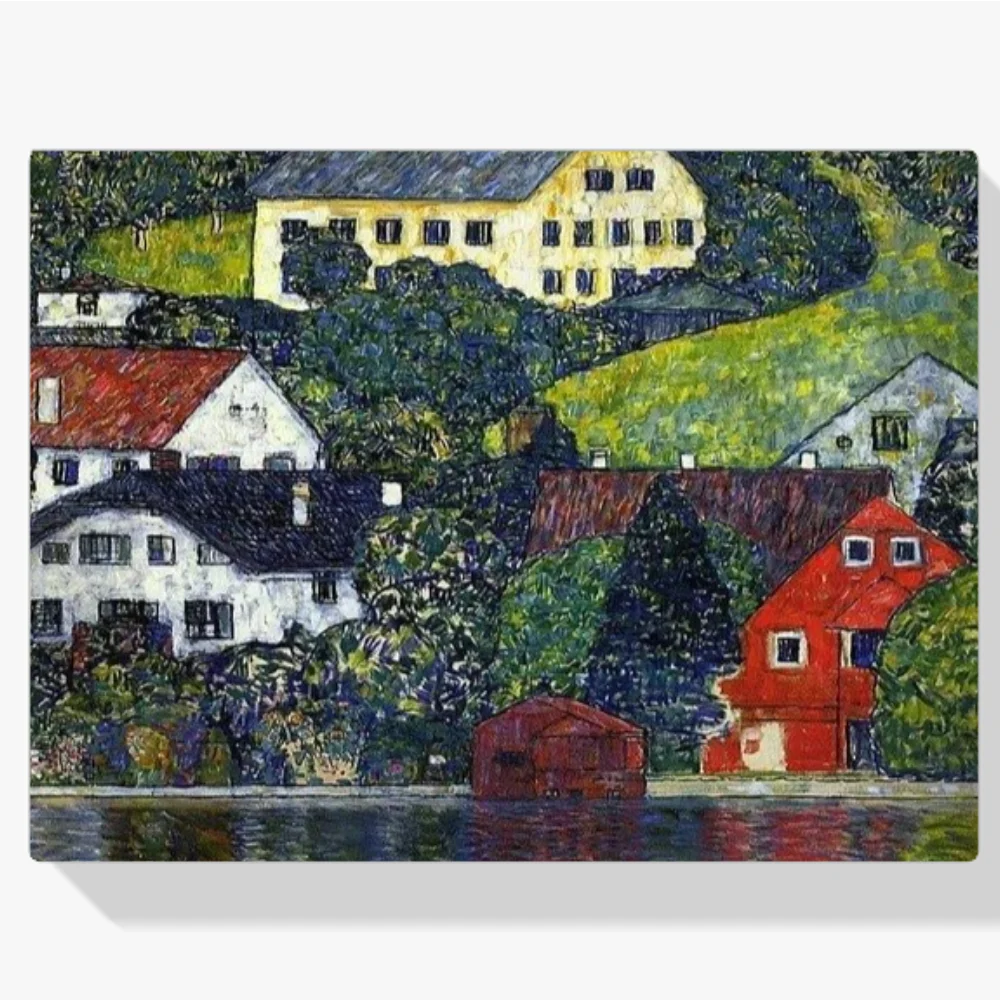 Pintura Diamante - Casas cerca de Unterach en el lago Attersee
