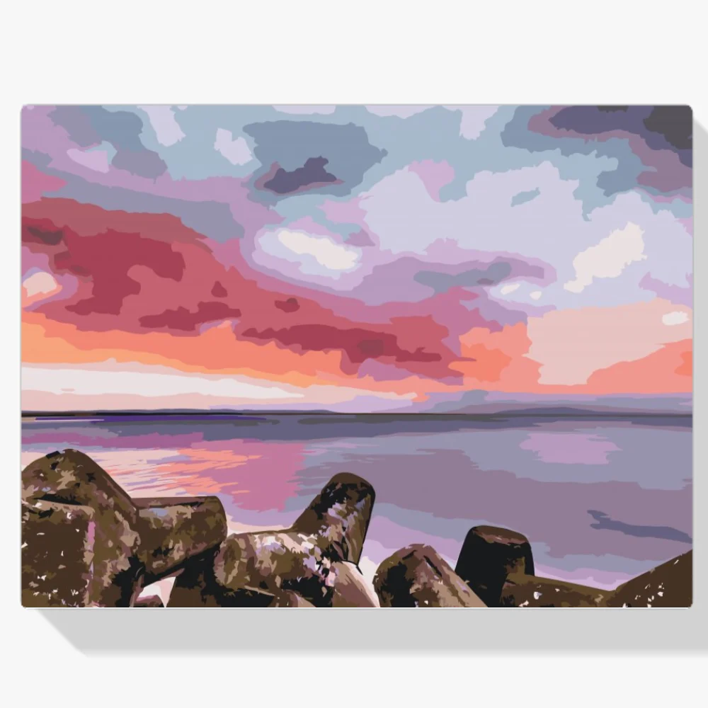 Pintura Diamante - Puesta de sol roja sobre el mar