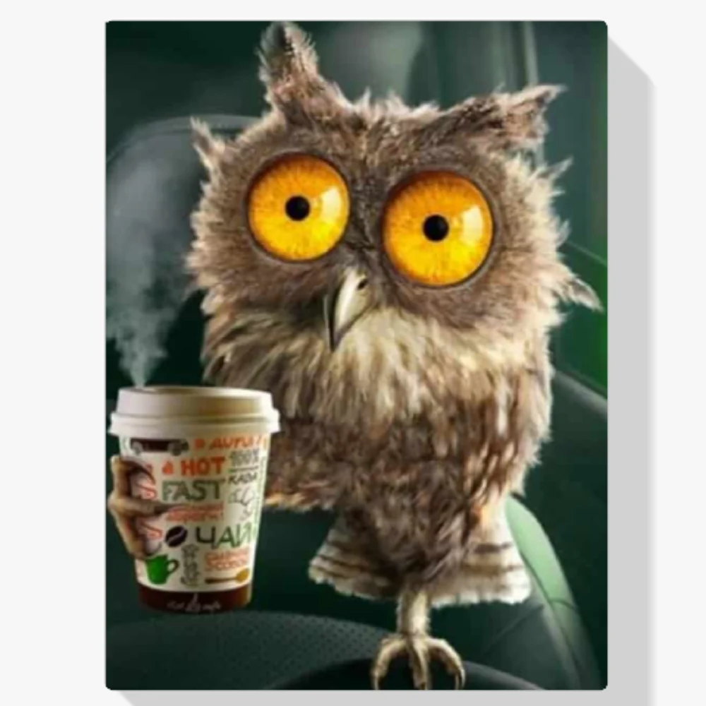 Pintura Diamante - Búho con vaso de café