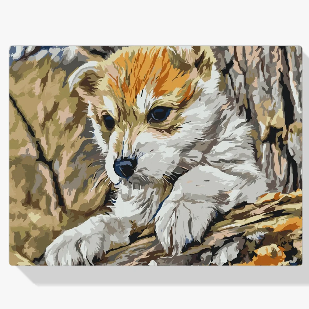 Pintura Diamante - Cachorro jugando en el bosque