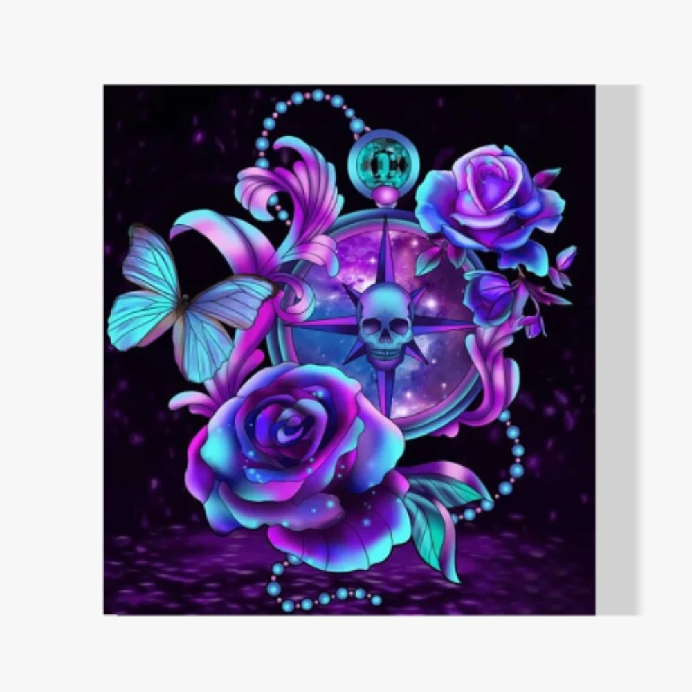 Pintura Diamante - Calavera con rosas y mariposa