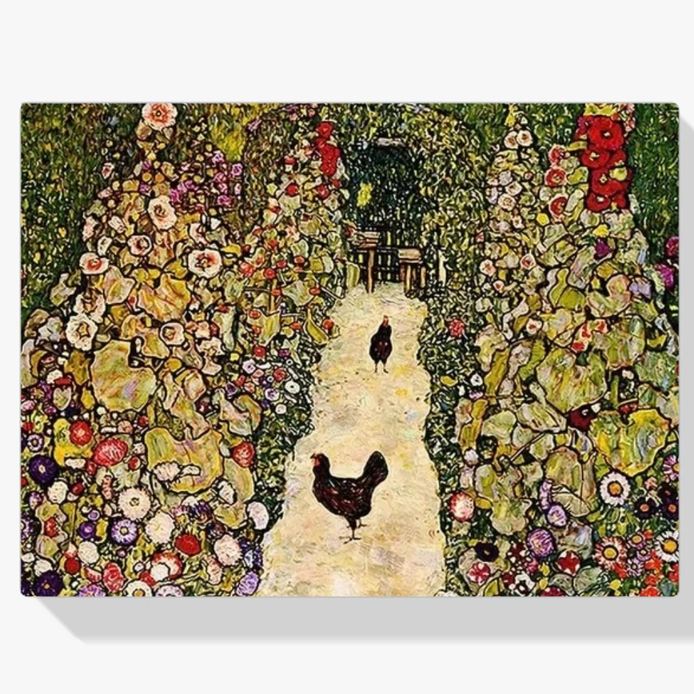 Pintura Diamante - Camino ajardinado con gallinas