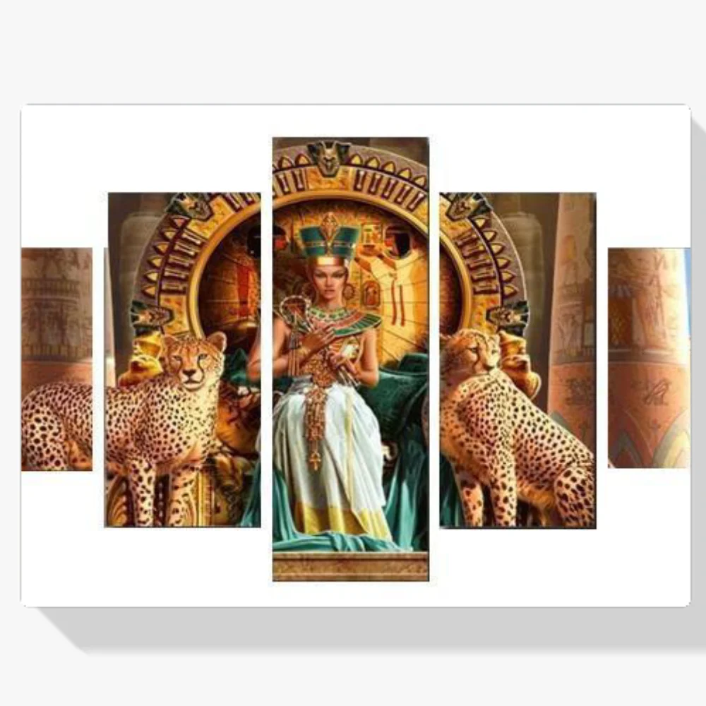 Pintura Diamante - Cleopatra con leopardos 5 paneles