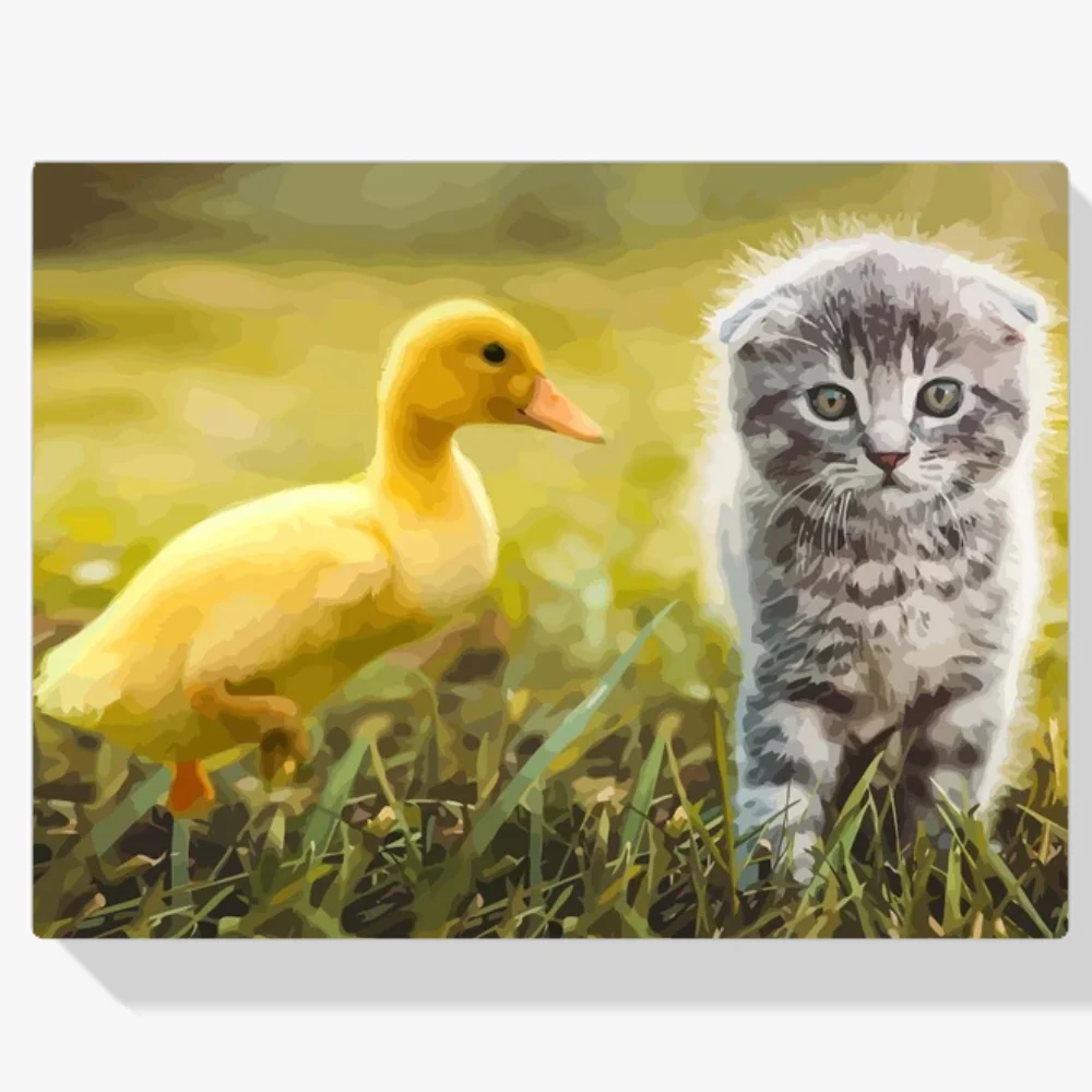 Pintura Diamante - El pato juega con el gato
