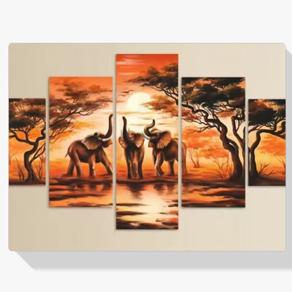Pintura Diamante - Elefantes en safari 5 paneles