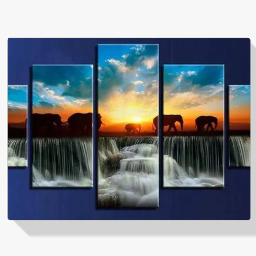 Pintura Diamante - Elefantes frente a una cascada 5 paneles