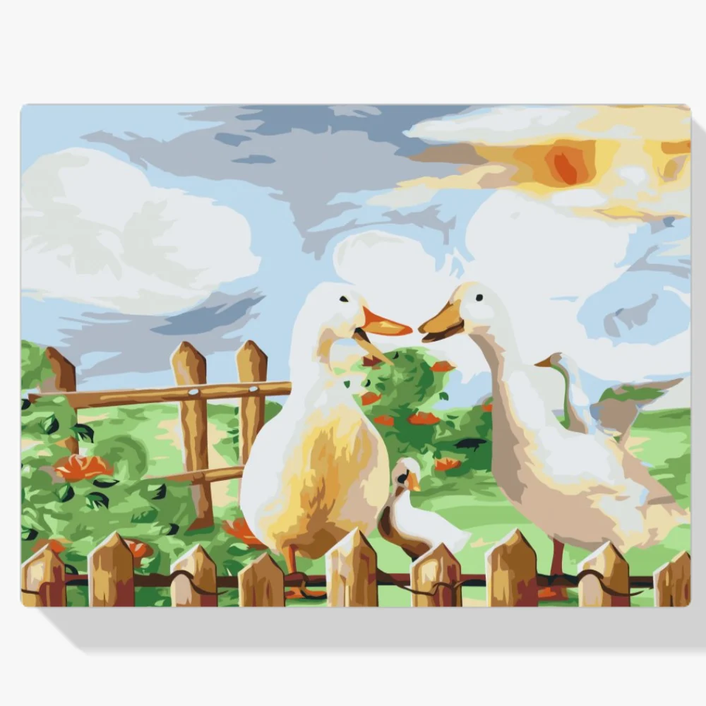 Pintura Diamante - Familia de patos en el jardín