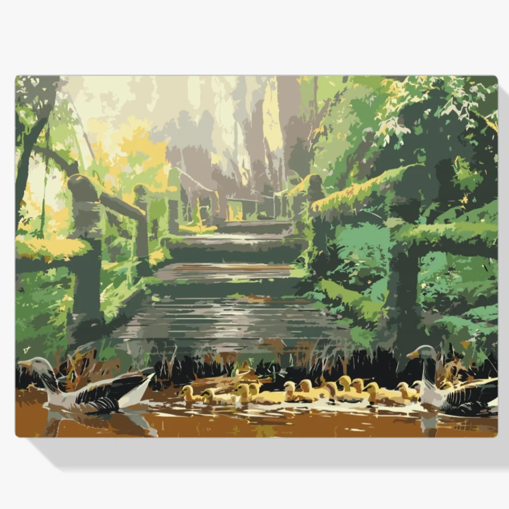 Pintura Diamante - Familia de patos en el parque