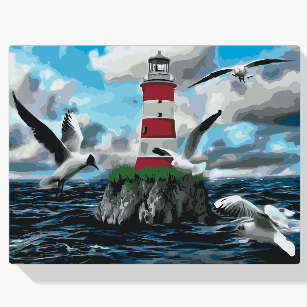 Pintura Diamante - Faro y gaviotas blancas y rojas