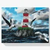 Pintura Diamante - Faro y gaviotas blancas y rojas