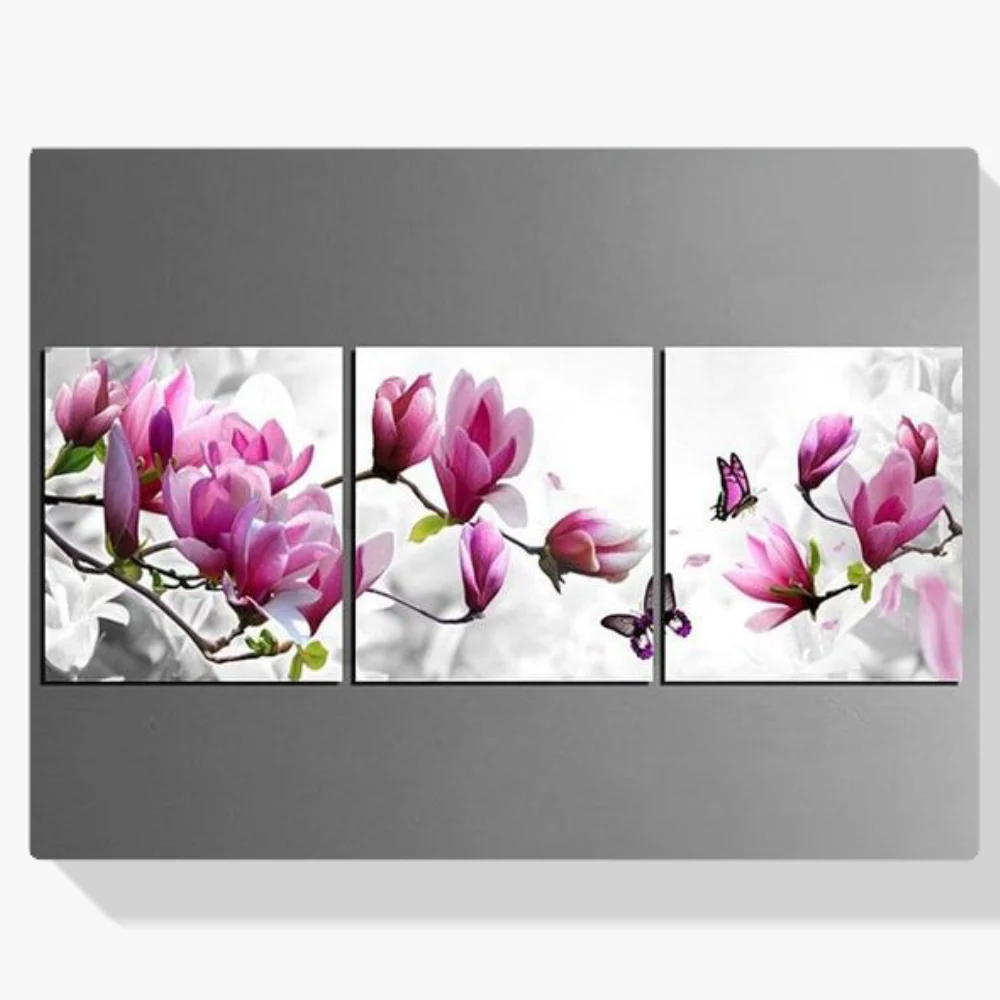 Pintura Diamante - Flores rosas con mariposa 3 paneles