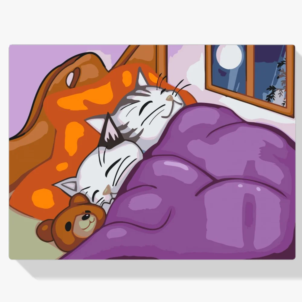 Pintura Diamante - Gatitos y osito de peluche en una cama