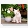 Pintura Diamante - Gato blanco con flores en un florero
