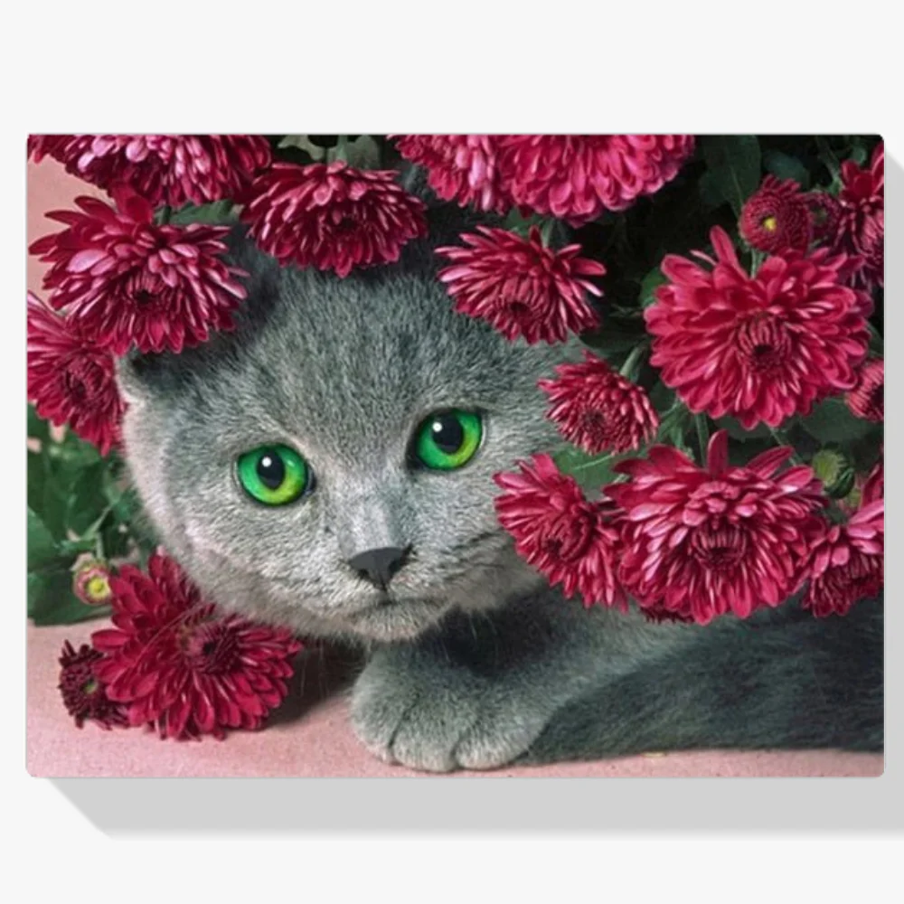 Pintura Diamante - Gato con flores