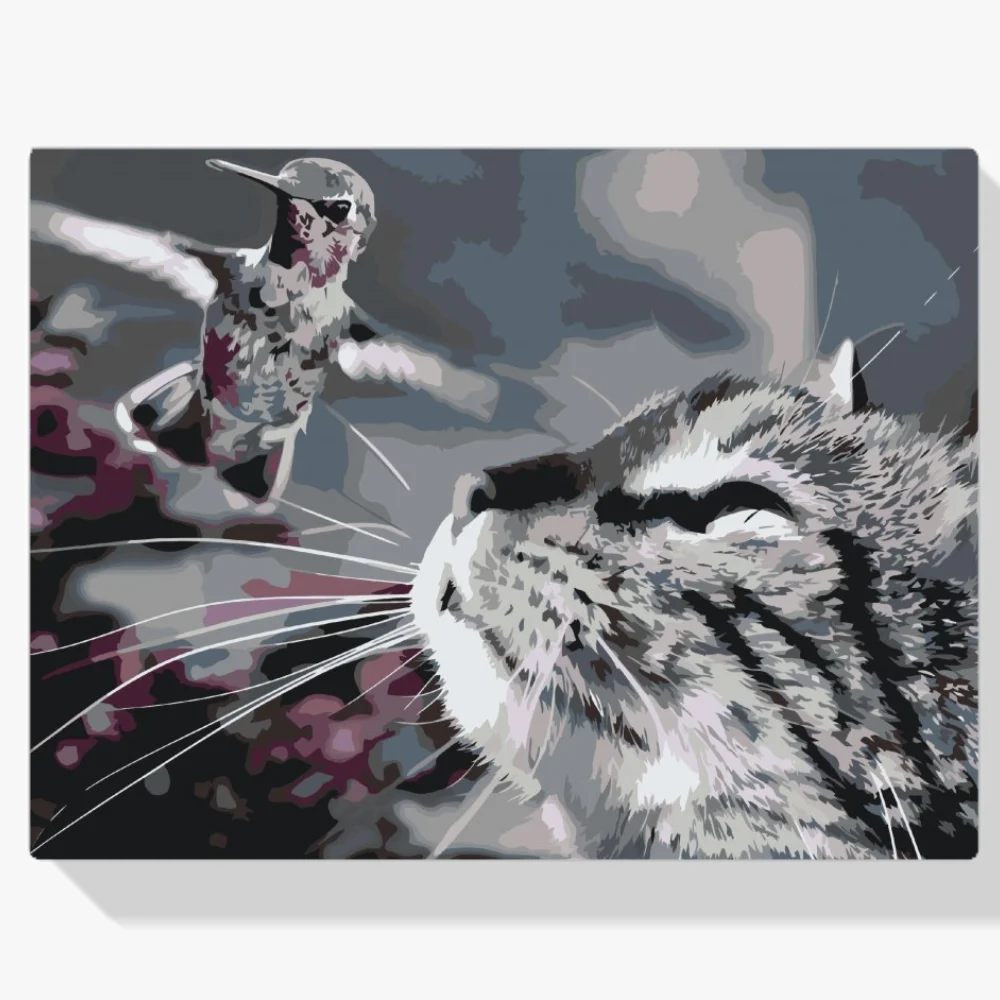 Pintura Diamante - Gato y pájaro