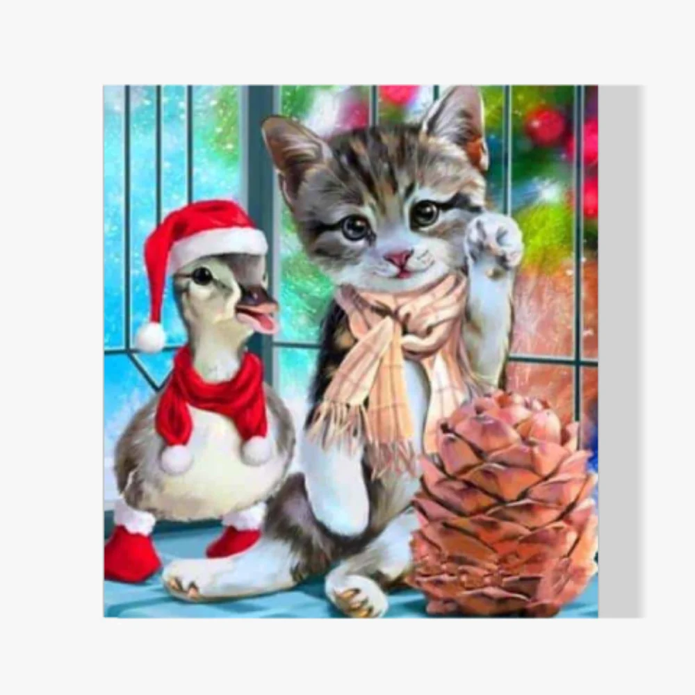 Pintura Diamante - Gato y pato celebran la Navidad