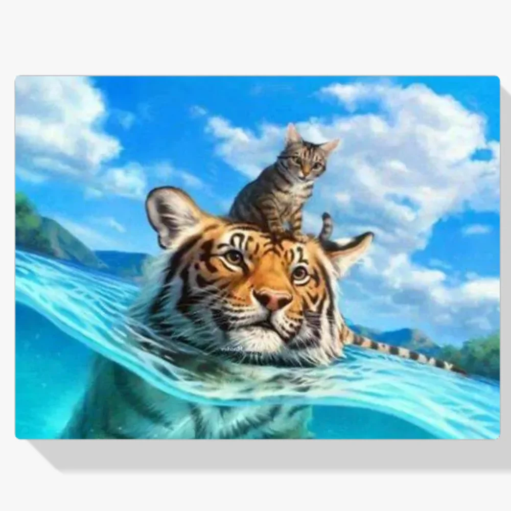 Pintura Diamante - Gato y tigre en el mar