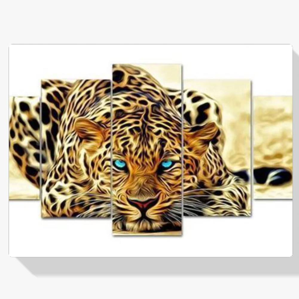 Pintura Diamante - Leopardo con ojos azules 5 paneles
