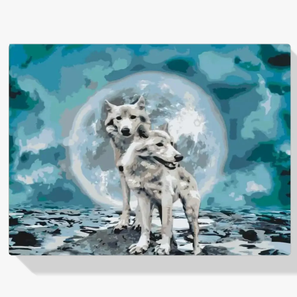 Pintura Diamante - Lobos blancos bajo la luna llena
