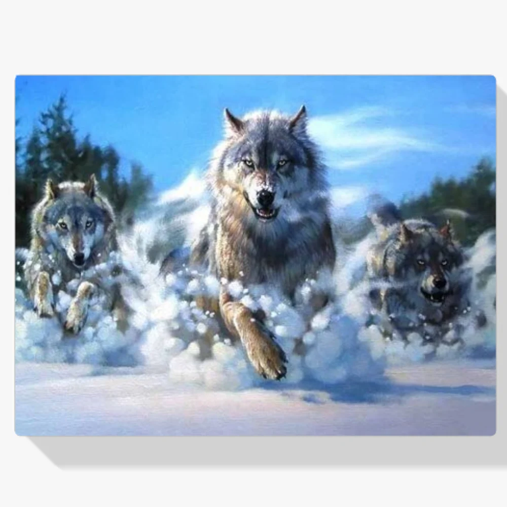 Pintura Diamante - Los lobos corren por la nieve