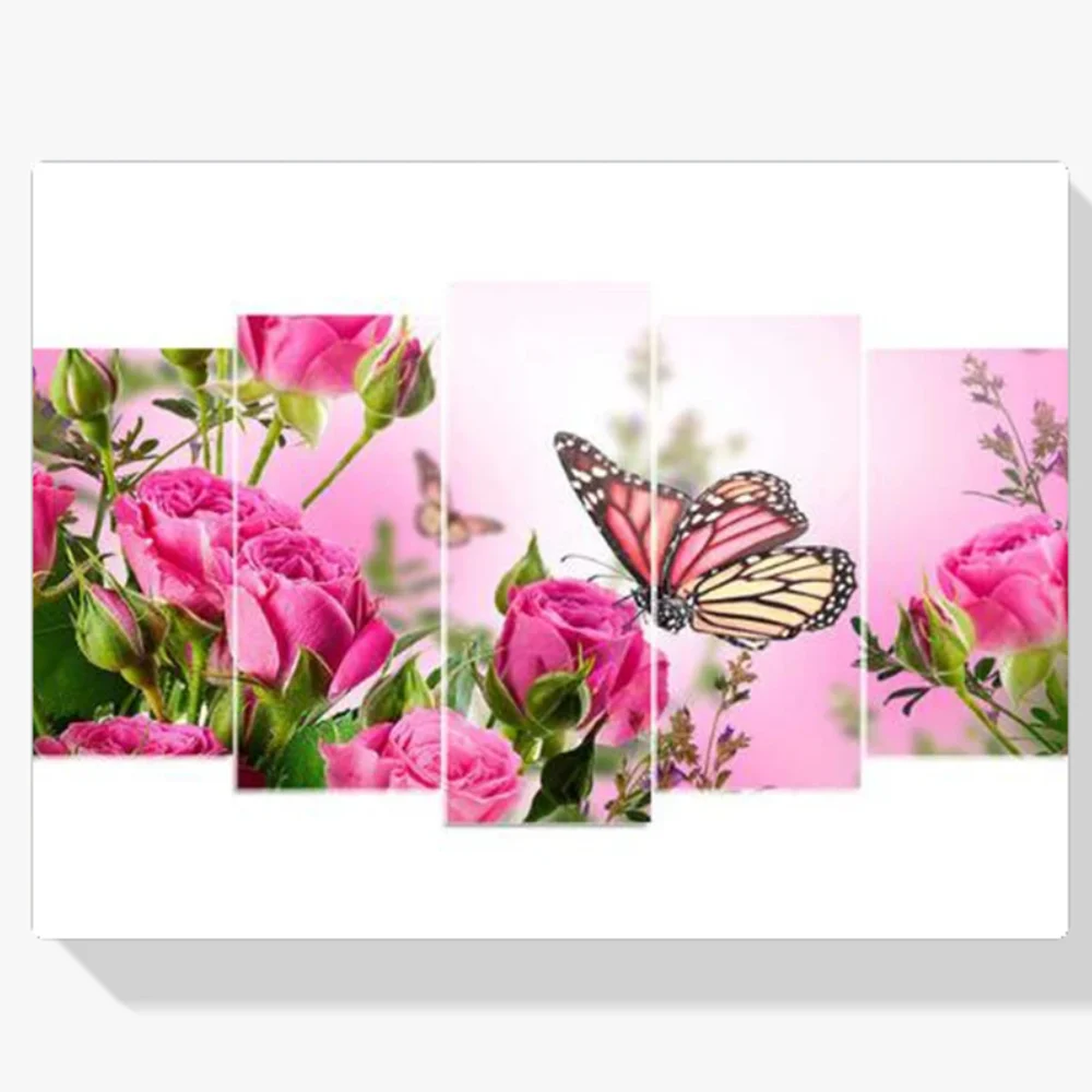 Pintura Diamante - Mariposa con flores rosas 5 paneles