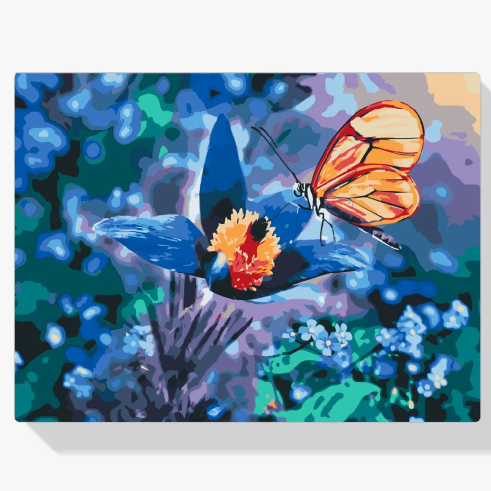 Pintura Diamante - Mariposa sobre flor azul