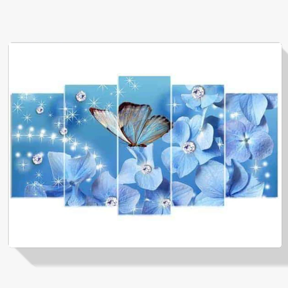 Pintura Diamante - Mariposa sobre flor brillante 5 paneles