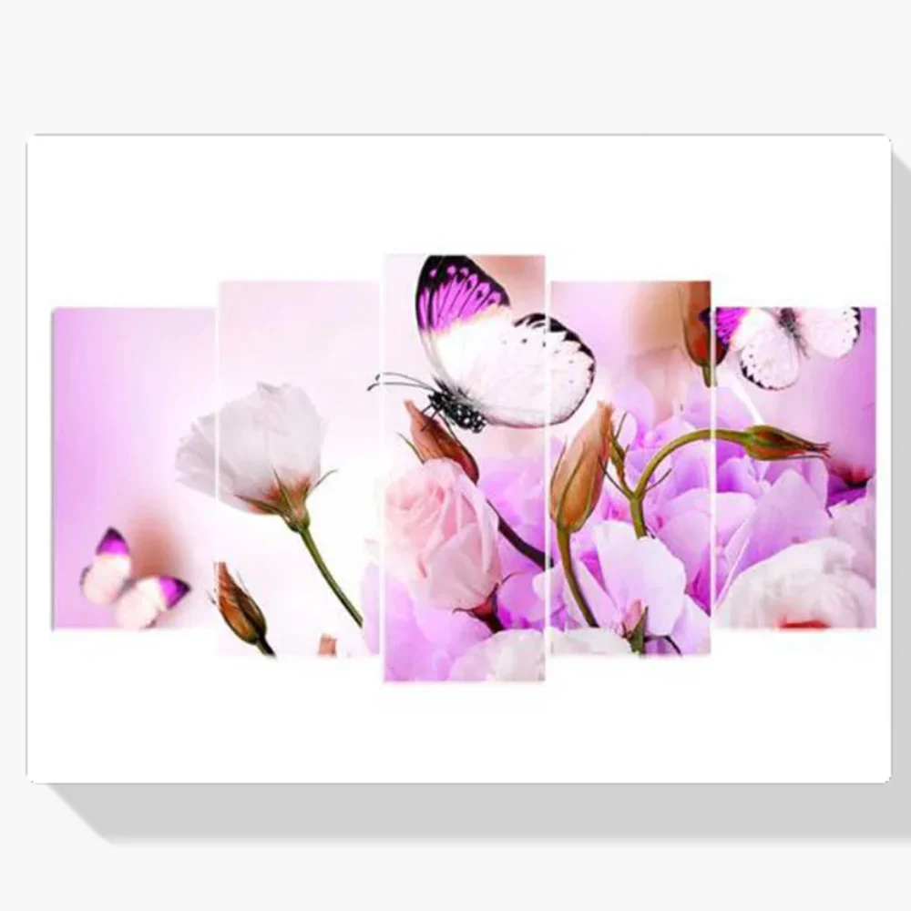 Pintura Diamante - Mariposa sobre flor con tono rosa 5 paneles