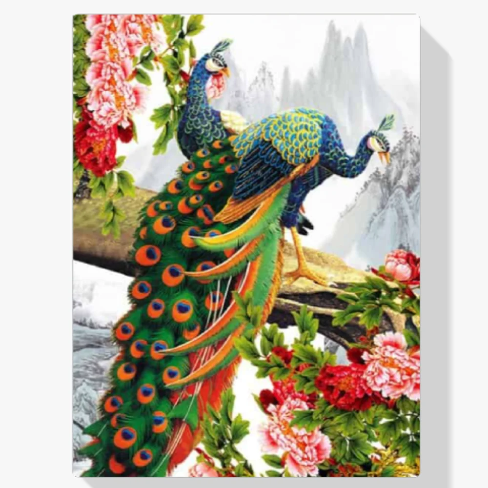 Pintura Diamante - Precioso pavo real con flor