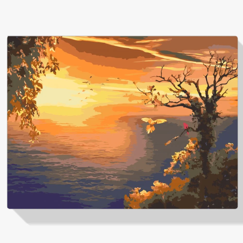 Pintura Diamante - Puesta de sol sobre el océano y loros