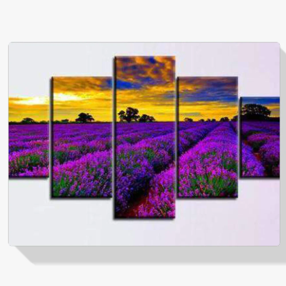 Pintura Diamante - Flores moradas en un campo 5 paneles