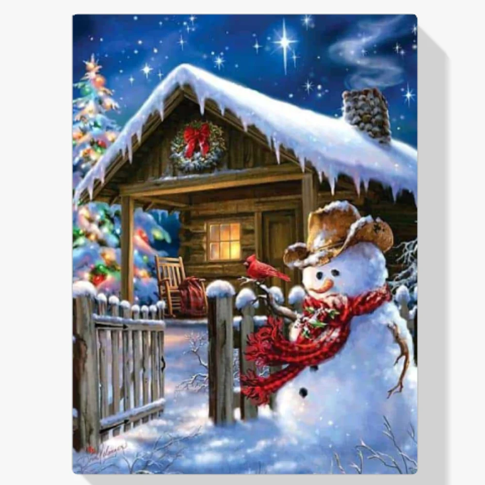 Pintura Diamante - Muñeco de nieve para casa de Navidad