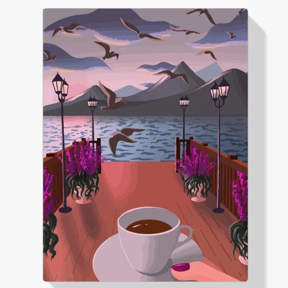 Pintura Diamante - Taza de café junto al agua