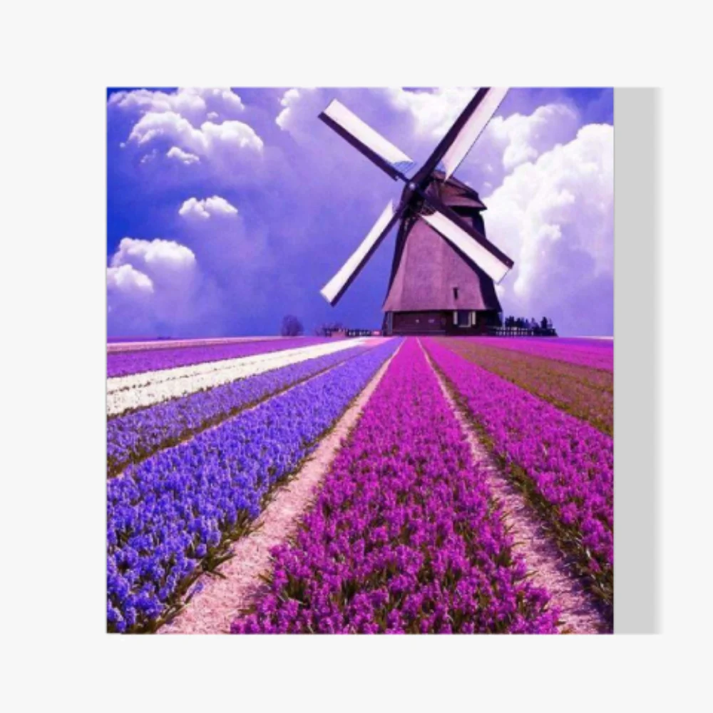 Pintura Diamante - Tulipanes morados con molino