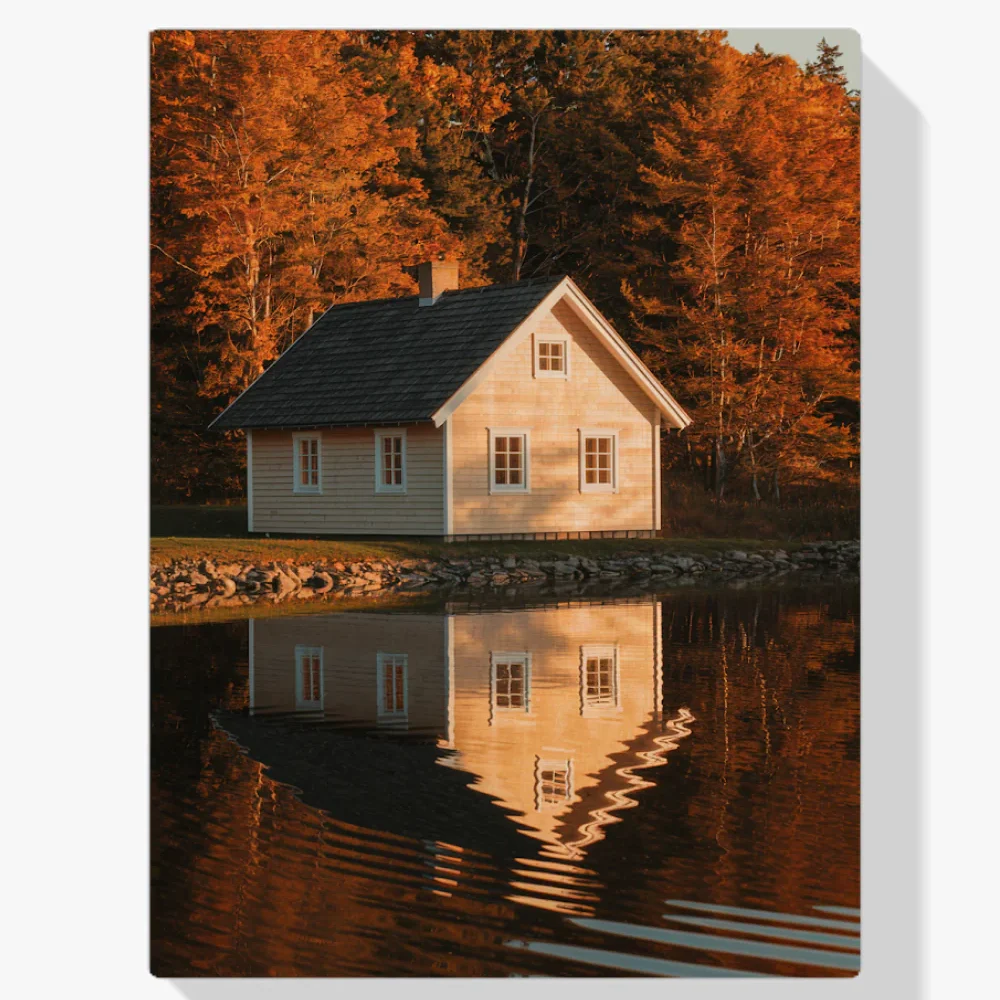 Pintura Diamante - Cabaña en un lago con reflejos en el agua