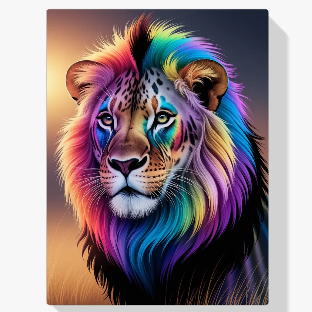 Pintura Diamante - Cara de león arco iris con colores brillantes y arremolinados