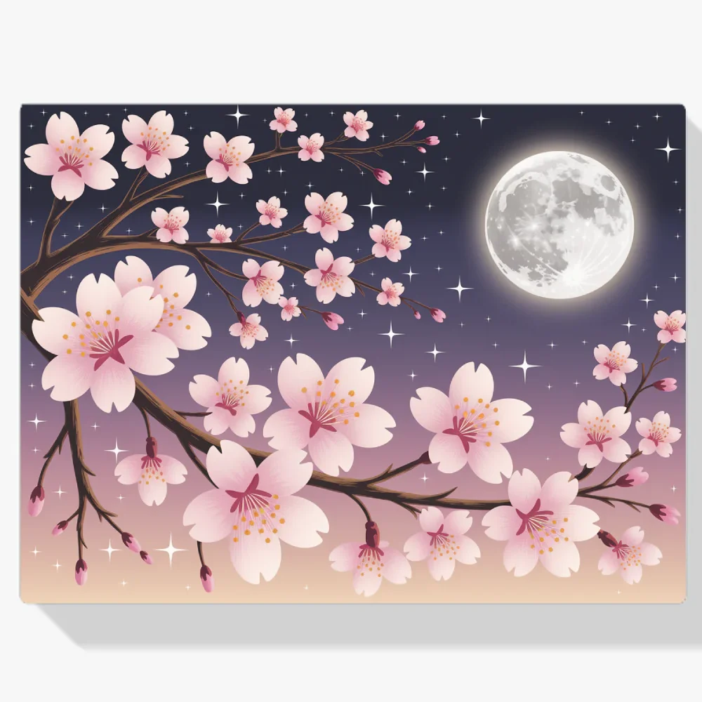 Pintura Diamante - Cerezos en flor bajo la luz de la luna