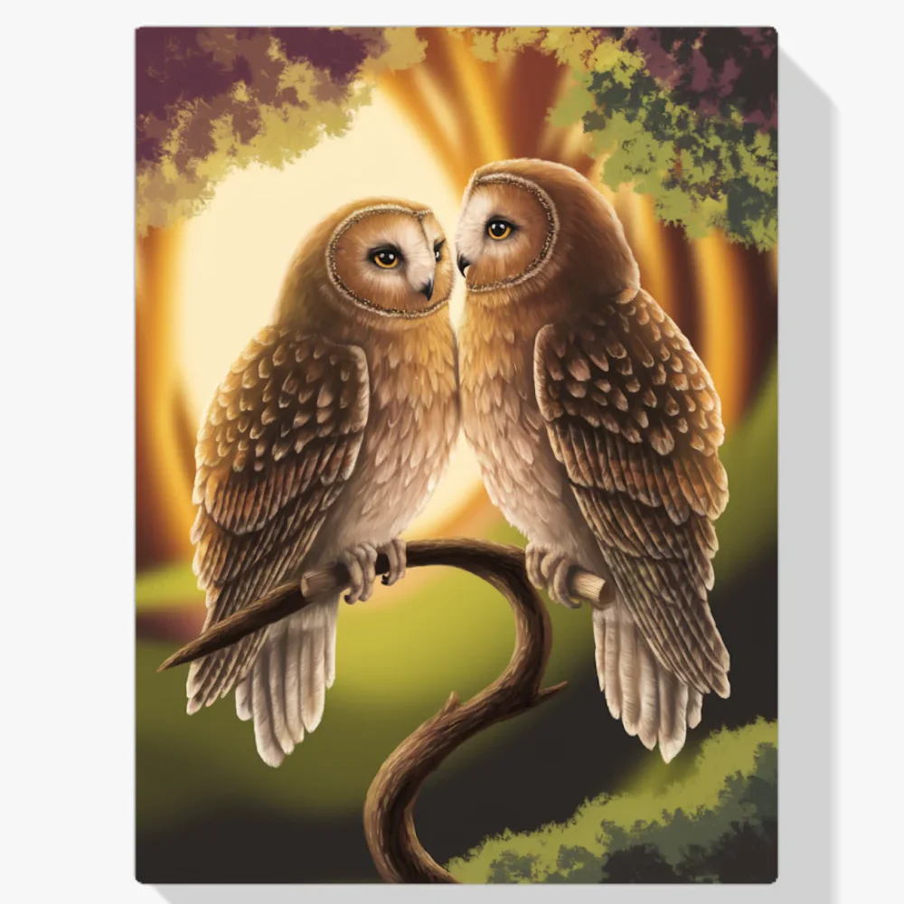 Pintura Diamante - Encantadora pareja de búhos en una rama