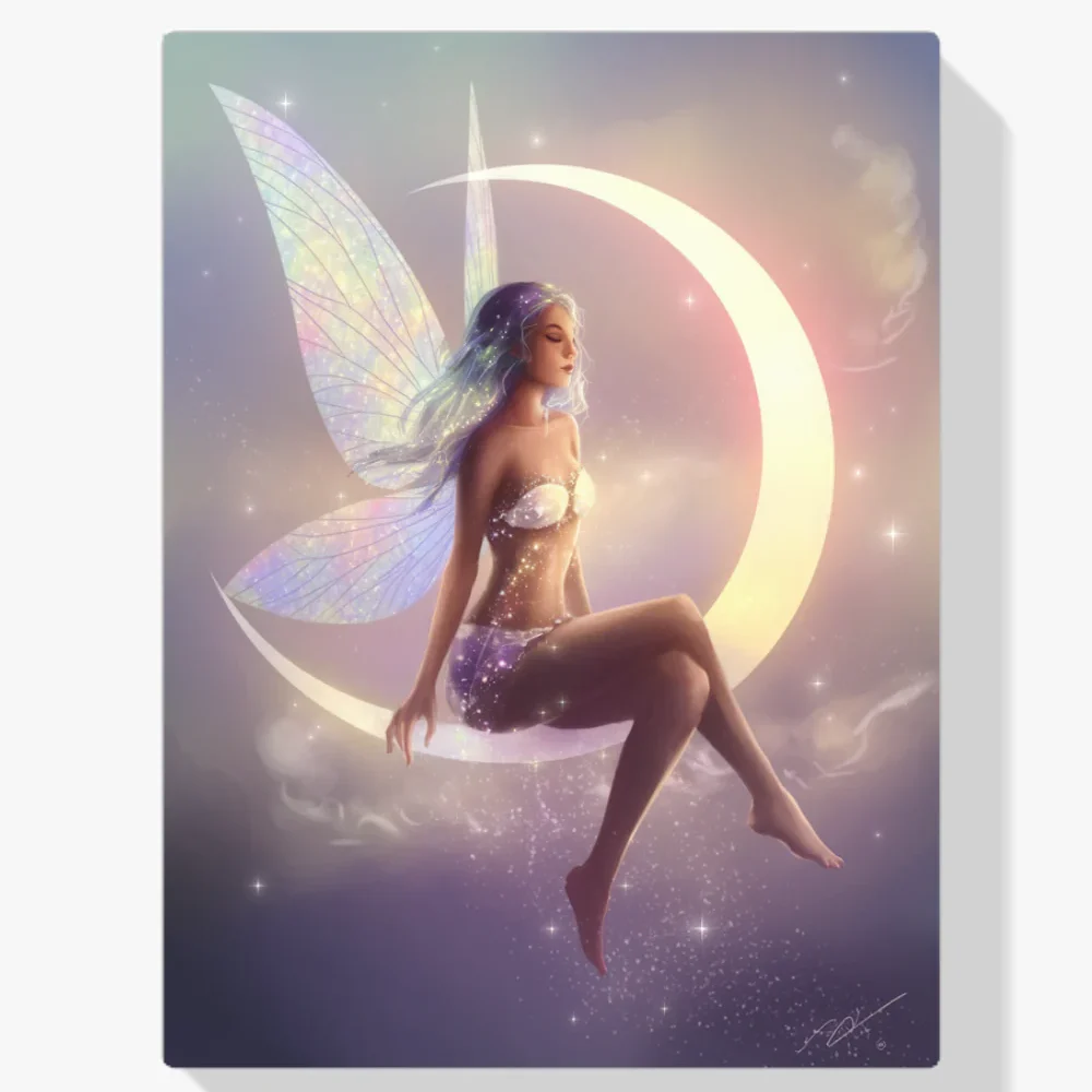 Pintura Diamante - Hada sentada sobre una luna creciente