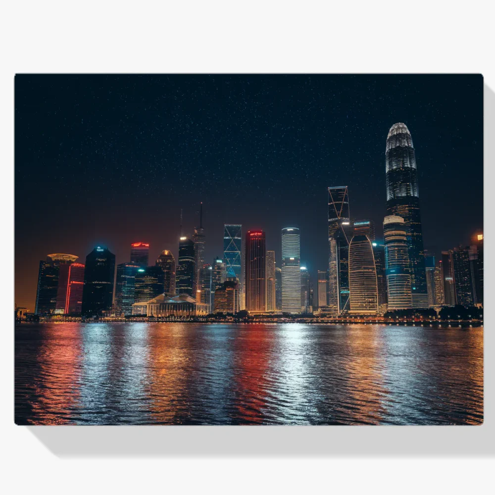Pintura Diamante - Paisaje urbano nocturno con reflejos en el agua