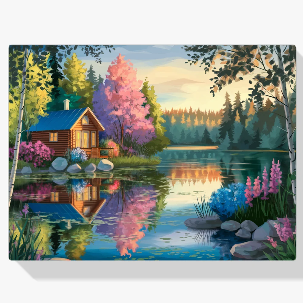 Pintura Diamante - Tranquila cabaña junto al lago