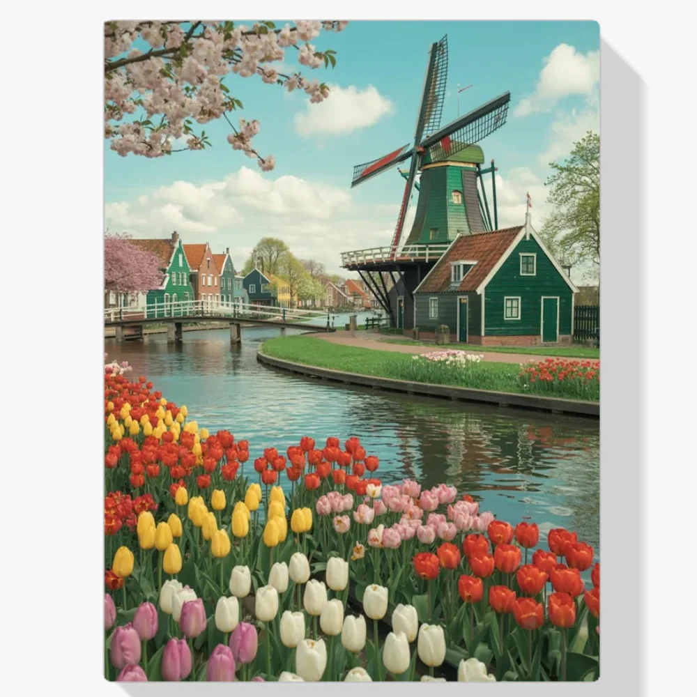 Pintura Diamante - Tulipanes y molinos de viento