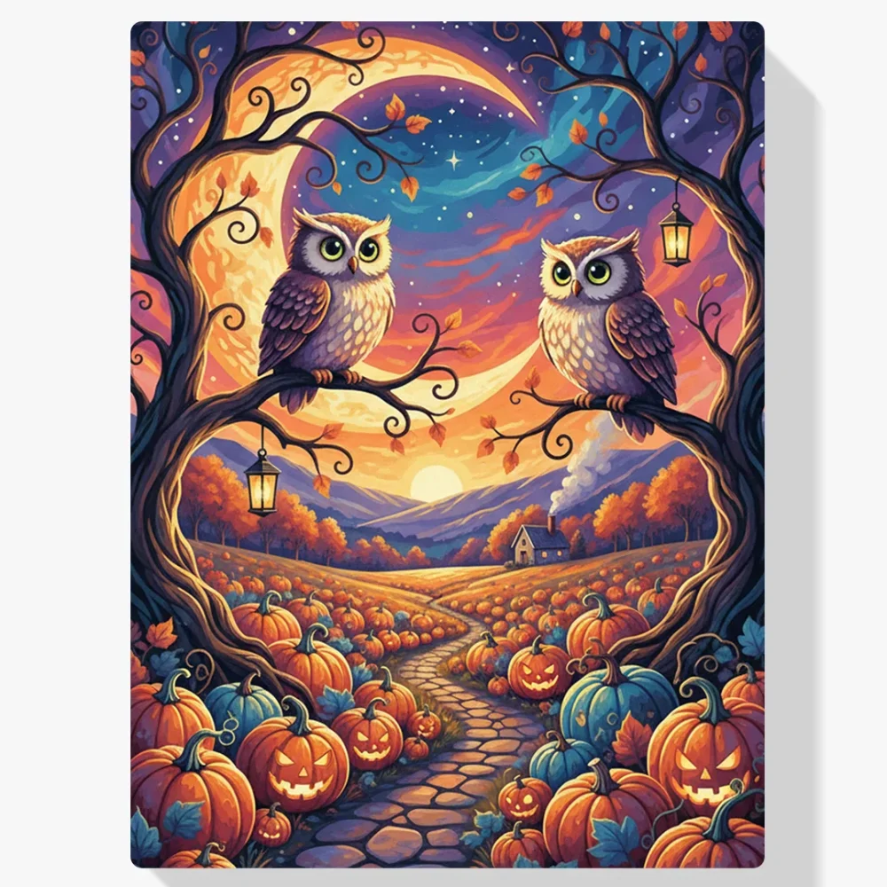 Pintura Diamante - Búhos en el huerto de calabazas