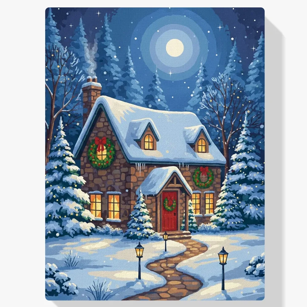 Pintura Diamante - Cabaña invernal con coronas navideñas
