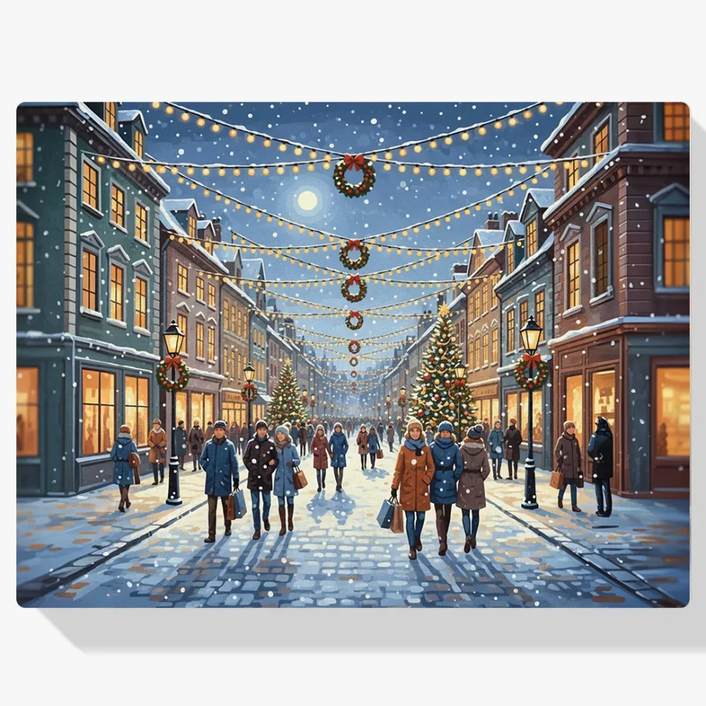 Pintura Diamante - Calle festiva con luces navideñas colgantes