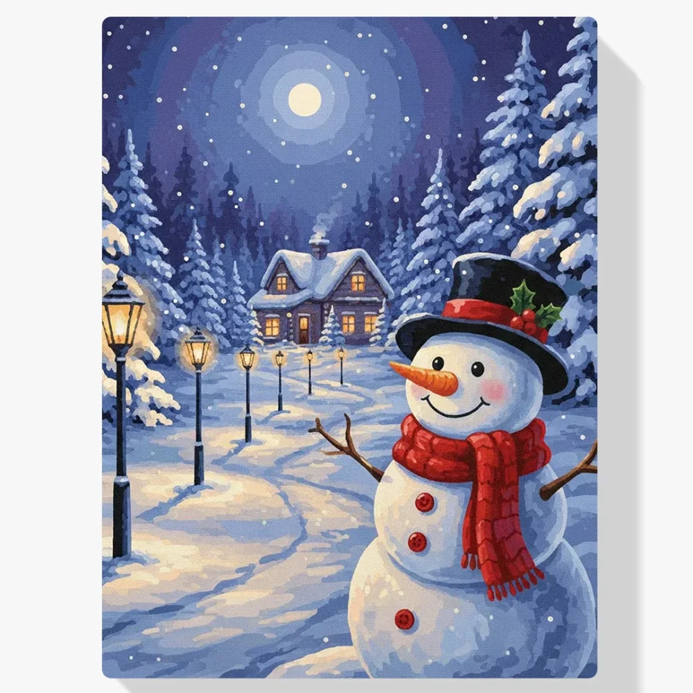 Pintura Diamante - Muñeco de nieve junto al sendero iluminado por linternas